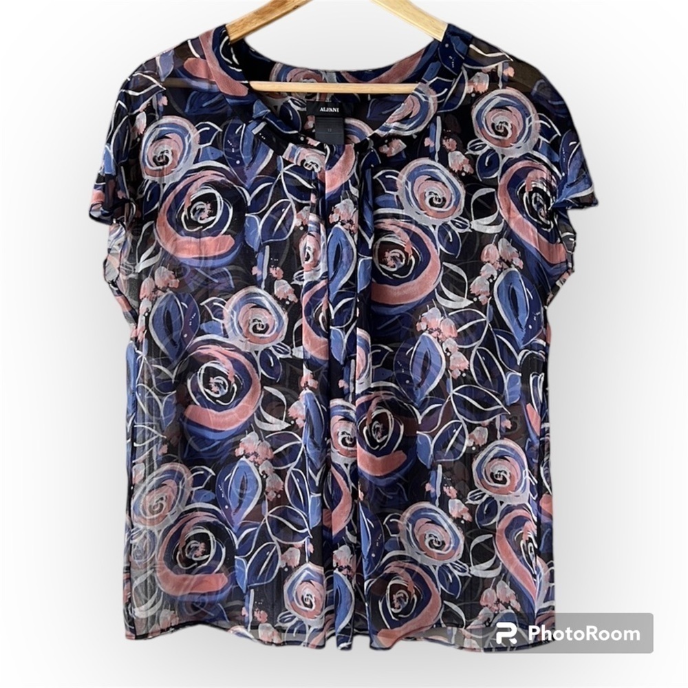 ALFANI Black Silk Abstract Floral Print Sheer Capped Sleeve Blouse Size 12